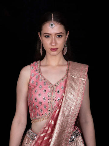 Pink Mirror Designed Banarasi Silk Bridesmaid Lehenga - Diadem
