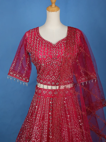 Pink Net Sequins And Floral Embroidery Bridesmaid Lehenga - Diadem