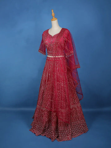 Pink Net Sequins And Floral Embroidery Bridesmaid Lehenga - Diadem