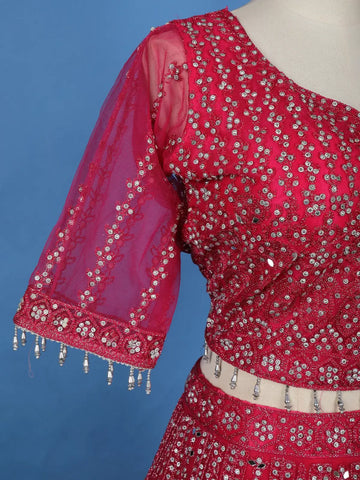 Pink Net Sequins And Floral Embroidery Bridesmaid Lehenga - Diadem