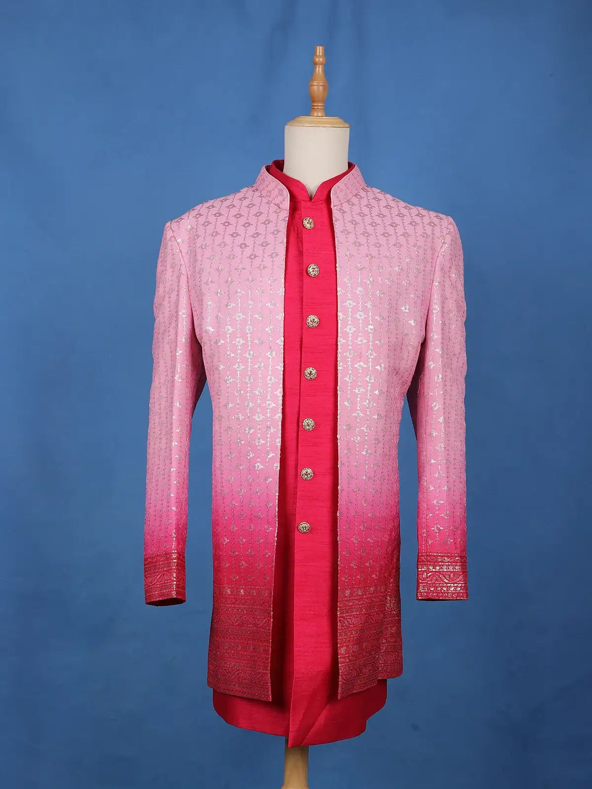 Pink Ombre Sequin Embroidered Jacquard Sherwani Suit - Diadem