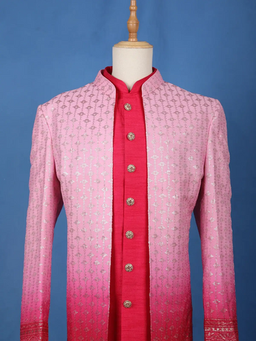 Pink Ombre Sequin Embroidered Jacquard Sherwani Suit - Diadem