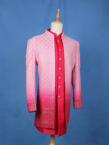 Pink Ombre Sequin Embroidered Jacquard Sherwani Suit - Diadem