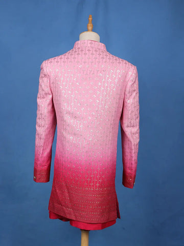 Pink Ombre Sequin Embroidered Jacquard Sherwani Suit - Diadem