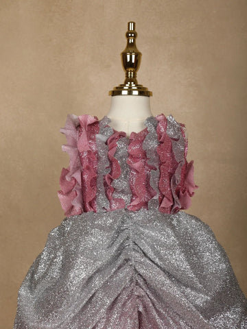 Pink Ruffle Design Giltter Party Gown for Girls - Diadem