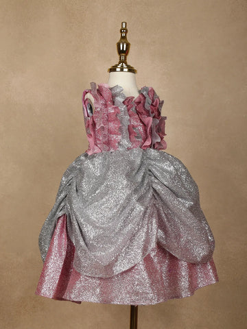 Pink Ruffle Design Giltter Party Gown for Girls - Diadem