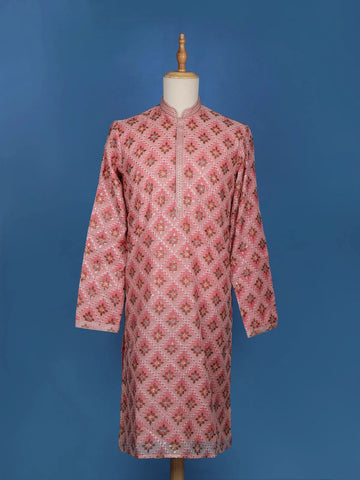 Pink Sequins And Floral Embroidery Cotton Kurta Set With Pant - Diadem