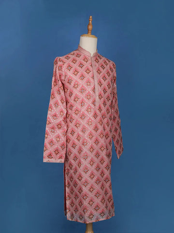 Pink Sequins And Floral Embroidery Cotton Kurta Set With Pant - Diadem