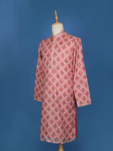 Pink Sequins And Floral Embroidery Cotton Kurta Set With Pant - Diadem