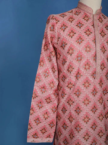 Pink Sequins And Floral Embroidery Cotton Kurta Set With Pant - Diadem