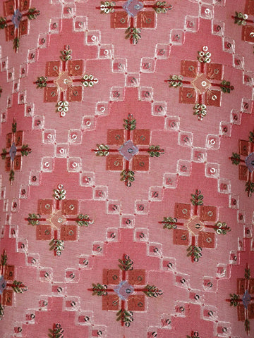 Pink Sequins And Floral Embroidery Cotton Kurta Set With Pant - Diadem