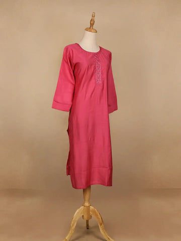 Pink Solid Design Cotton Kurti - Diadem