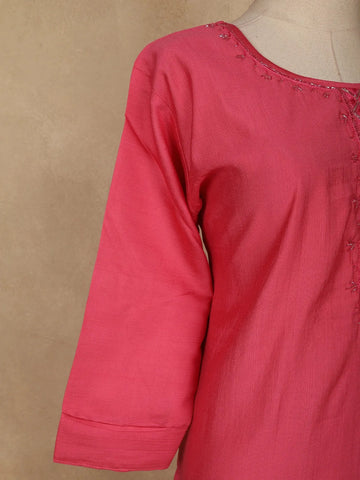 Pink Solid Design Cotton Kurti - Diadem
