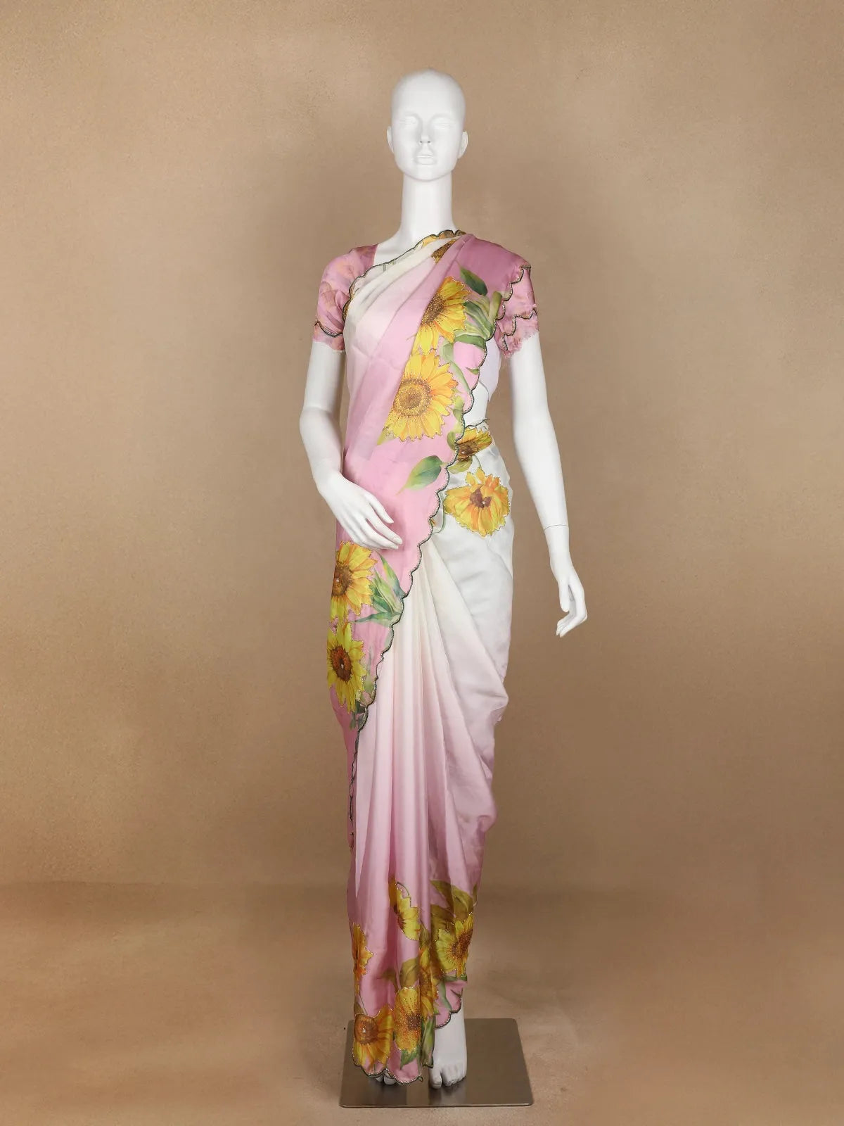 Pink Sun Flower Designed Satin Fancy Saree - Diadem