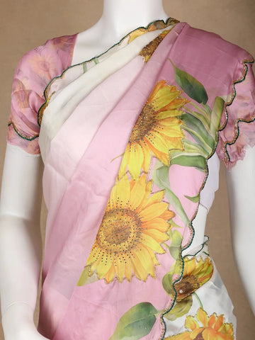 Pink Sun Flower Designed Satin Fancy Saree - Diadem