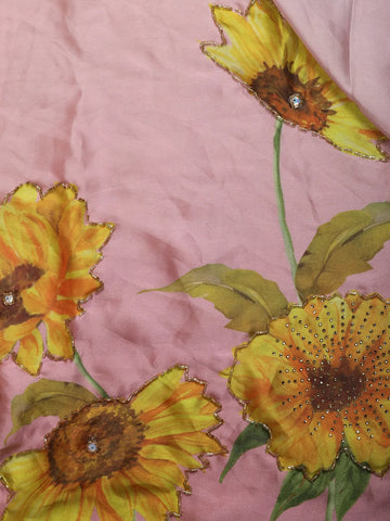 Pink Sun Flower Designed Satin Fancy Saree - Diadem