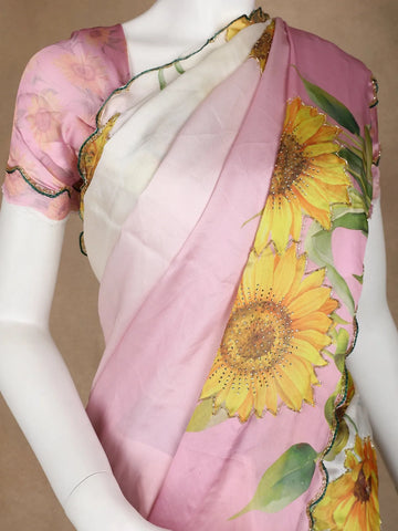 Pink Sun Flower Designed Satin Fancy Saree - Diadem