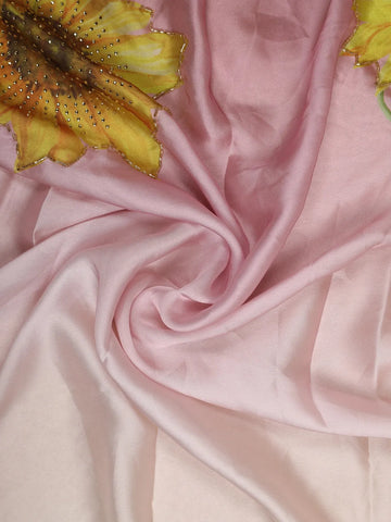 Pink Sun Flower Designed Satin Fancy Saree - Diadem
