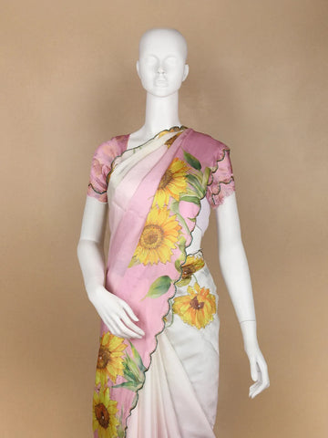 Pink Sun Flower Designed Satin Fancy Saree - Diadem