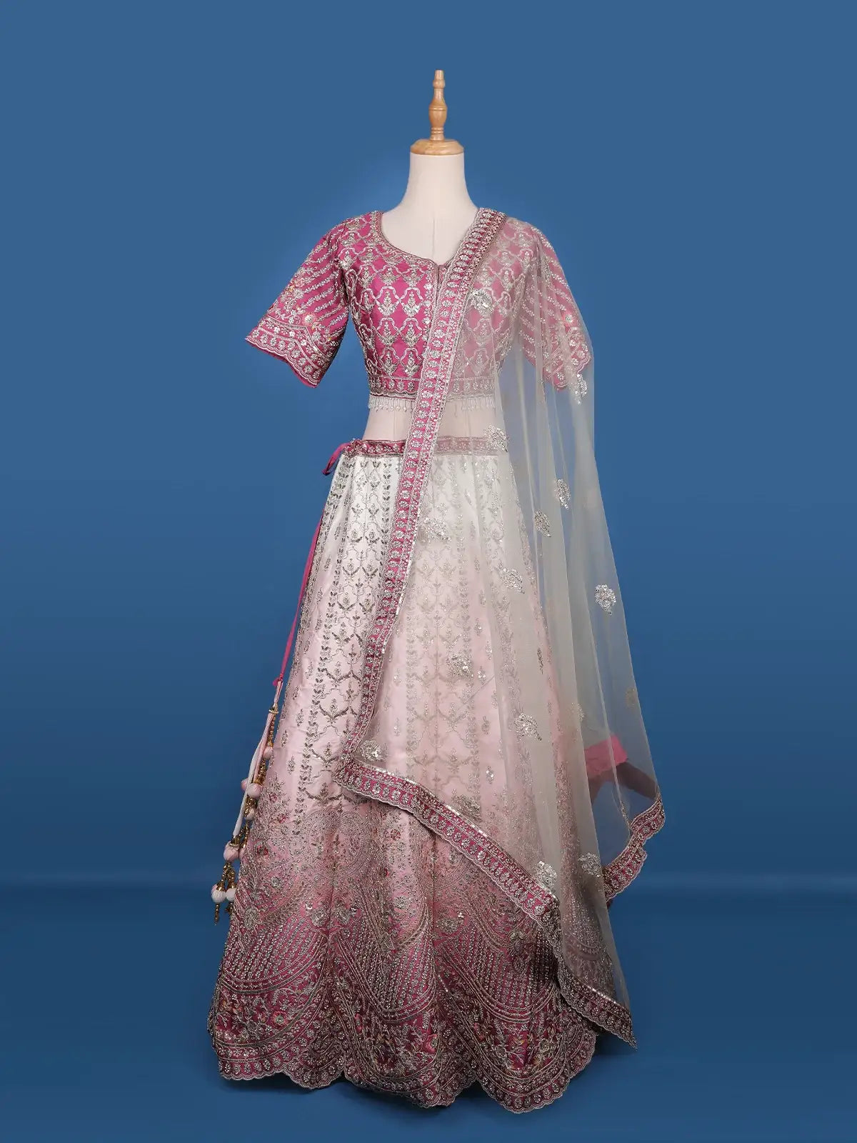 Pink and White Floral Embroidery Bridal Net Lehenga - Diadem