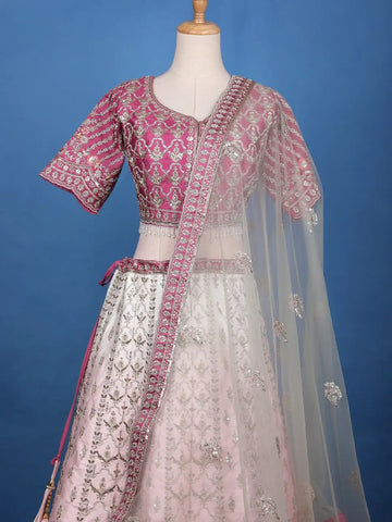 Pink and White Floral Embroidery Bridal Net Lehenga - Diadem