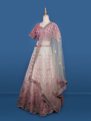 Pink and White Floral Embroidery Bridal Net Lehenga - Diadem