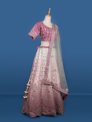 Pink and White Floral Embroidery Bridal Net Lehenga - Diadem