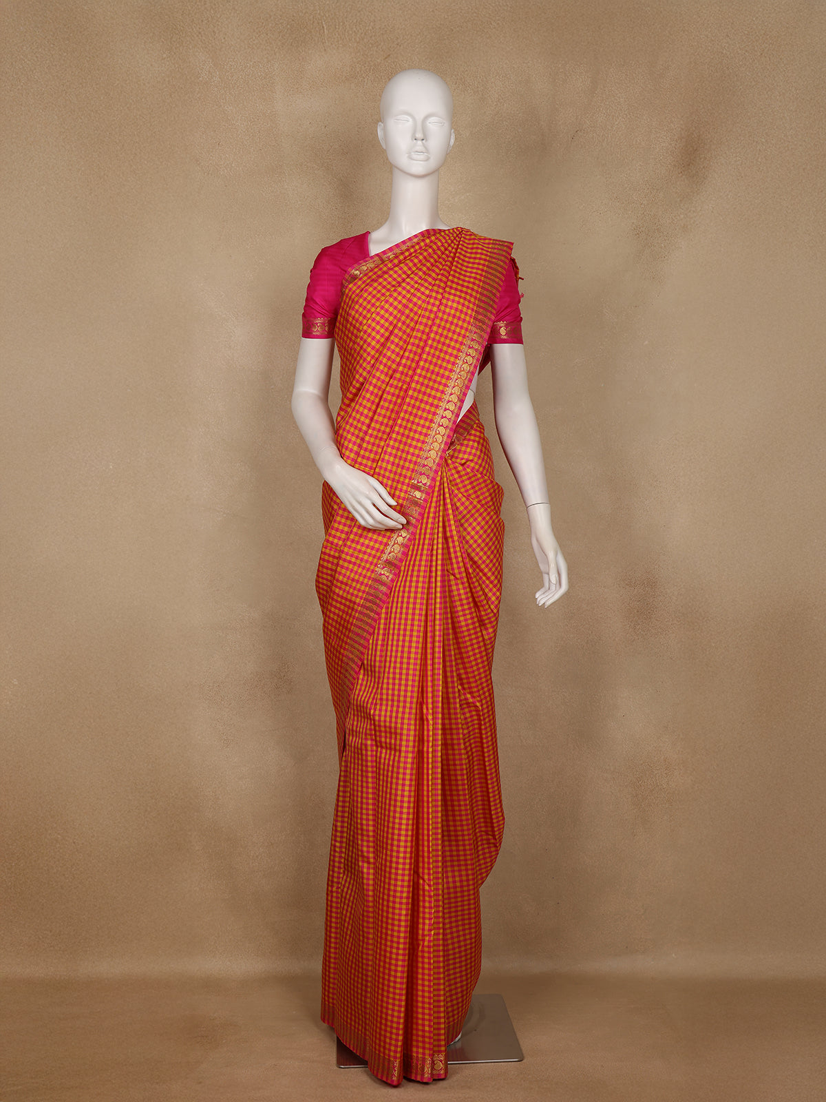 Pink and Yellow Checks Woven Pure Kanchipuram Silk Saree
