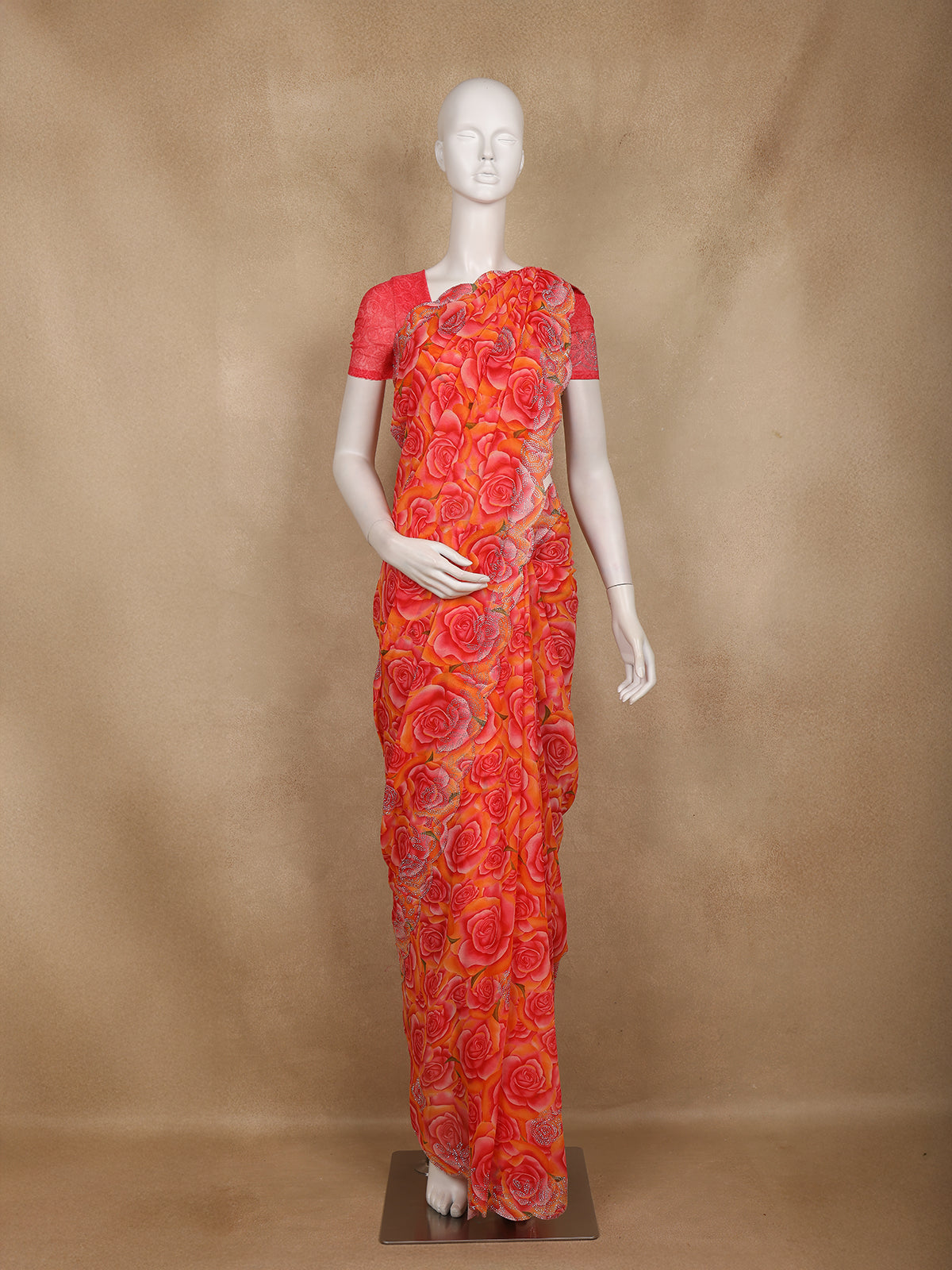 Pink and Yellow Floral Printed Design Chiffon Saree
