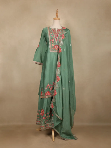 Pista Green Floral Design Georgette Palazzo Salwar Suit - Diadem