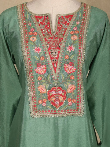 Pista Green Floral Design Georgette Palazzo Salwar Suit - Diadem