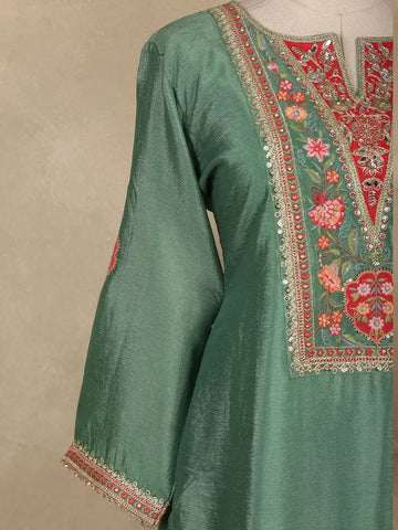 Pista Green Floral Design Georgette Palazzo Salwar Suit - Diadem