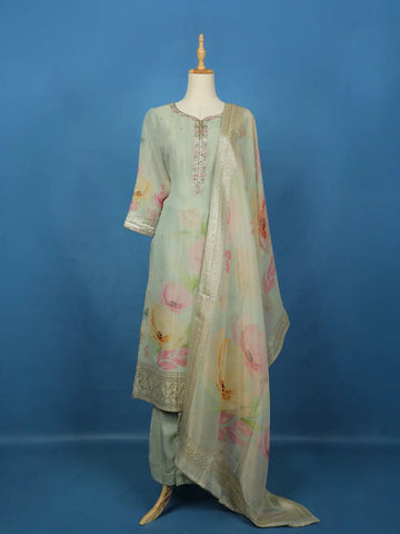 Pista Green Floral Design Organza Salwar Suit - Diadem