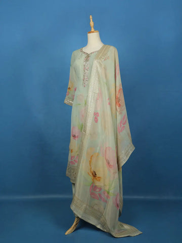 Pista Green Floral Design Organza Salwar Suit - Diadem