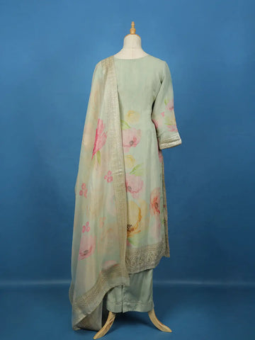 Pista Green Floral Design Organza Salwar Suit - Diadem