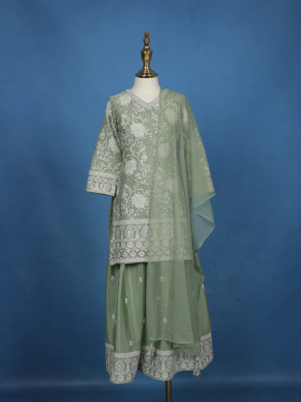 Pista Green Floral Sequins Embroidered Silk Kids Palazzo Suit