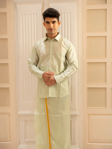 Pista Green Plain Semi Silk Full-Sleeve Shirt with Matching Dhoti Set - Diadem