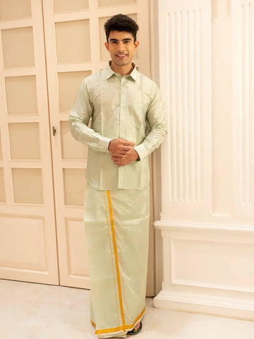 Pista Green Plain Semi Silk Full-Sleeve Shirt with Matching Dhoti Set - Diadem