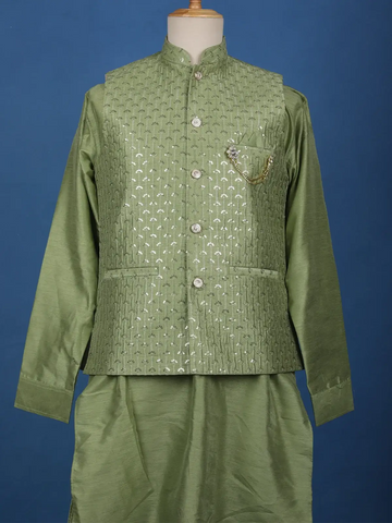 Pista Green Sequin Embroidered Brocade Kurta Pyjama - Diadem