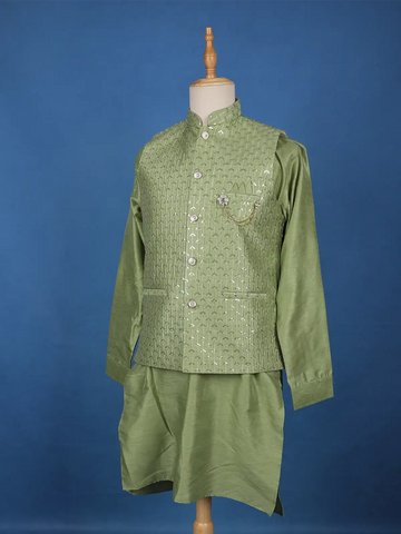 Pista Green Sequin Embroidered Brocade Kurta Pyjama - Diadem