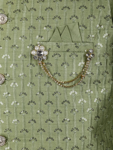 Pista Green Sequin Embroidered Brocade Kurta Pyjama - Diadem