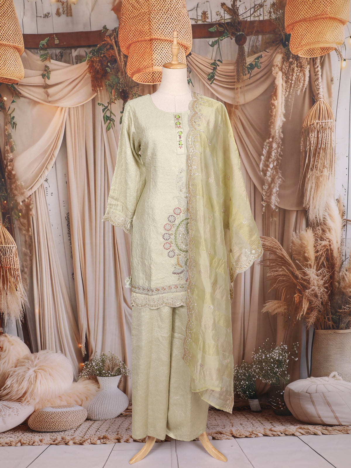 Pista Green Sequins Embroidered Design Crushed Material Palazzo Suit with Dupatta