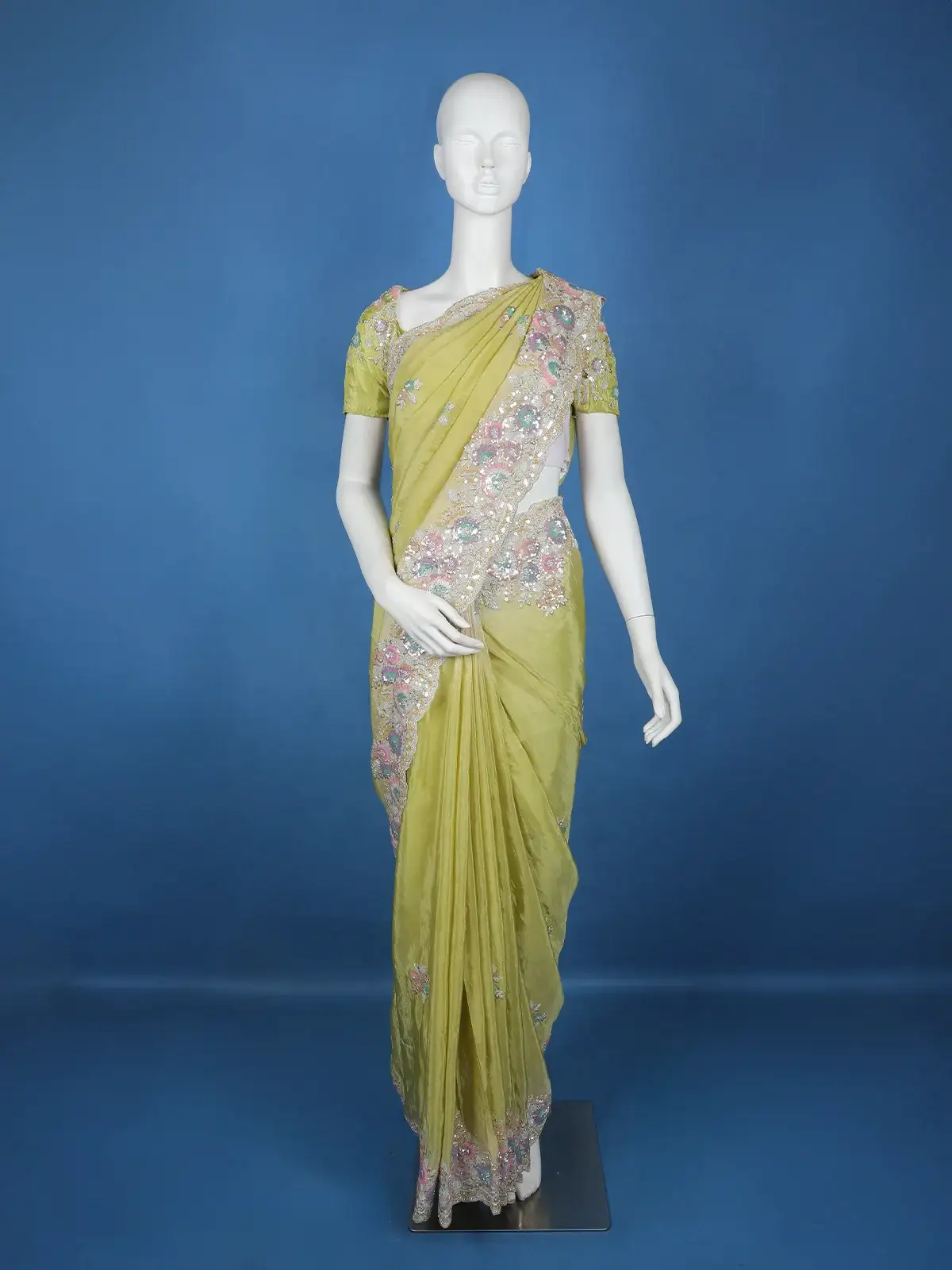 Pista Green Floral Designed Organza Designer Saree - Diadem