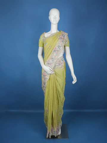 Pista Green Floral Designed Organza Designer Saree - Diadem