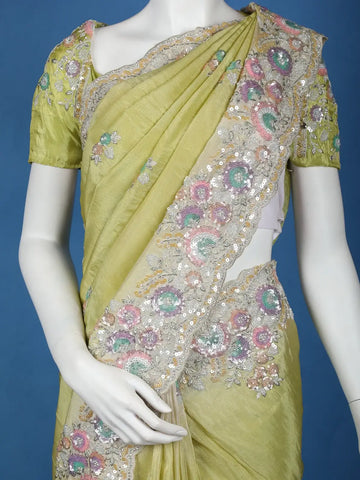 Pista Green Floral Designed Organza Designer Saree - Diadem