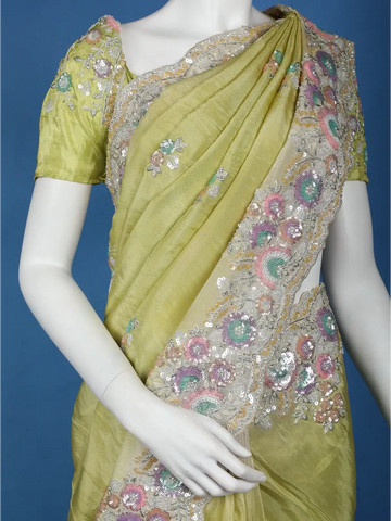 Pista Green Floral Designed Organza Designer Saree - Diadem