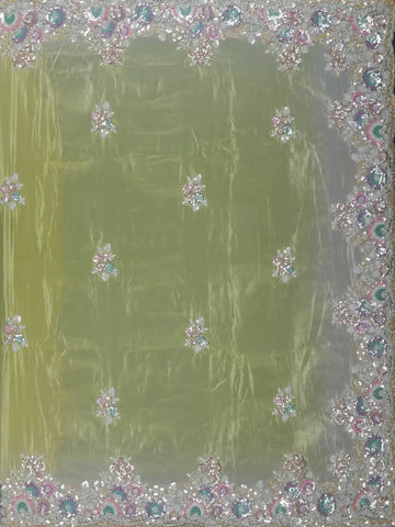 Pista Green Floral Designed Organza Designer Saree - Diadem
