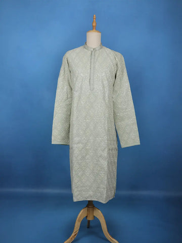 Pista Green Floral Embroidered Cotton Kurta for Men - Diadem