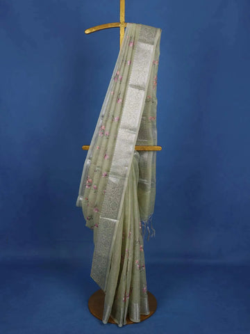 Pista Green Floral Printed Tissue Organza Saree - Diadem