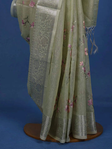 Pista Green Floral Printed Tissue Organza Saree - Diadem